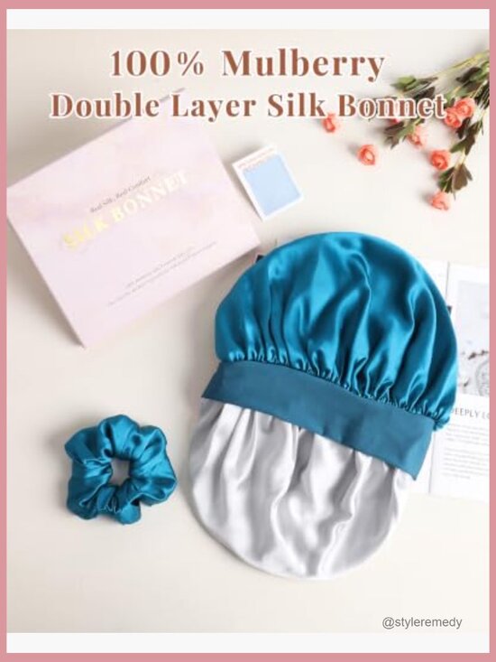 100% Mulberry Silk Bonnet Reversible Hair Wrap with Elastic Tie Band & Silk main image 4